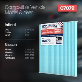 BNX TruFilter C7079 Filtro de aire de cabina, HEPA 99.97%, compatible con Nissan Altima, Maxima, Murano, Pathfinder; Infiniti JX35, Q60, QX60 (paquete de 2)