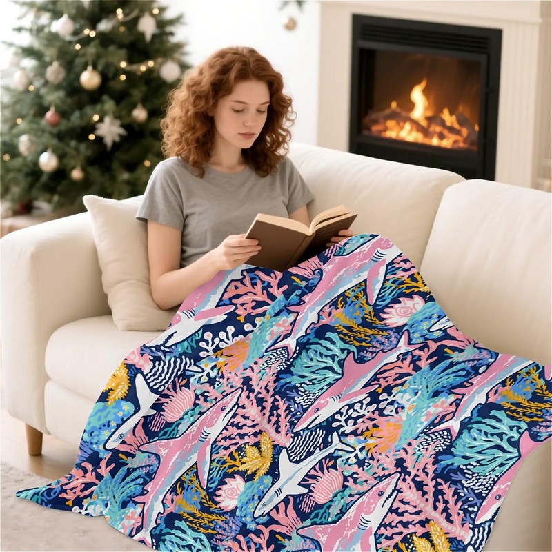Shark Ocean Pink Blankets for Couch Sofa Bed Throw Blanket