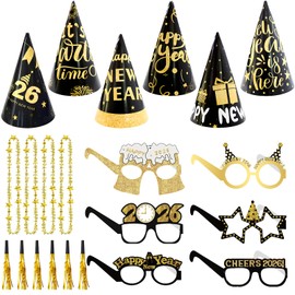 Fogcosy 22 Pcs New Years Eve Decorations 2026, Happy New Year 2026 Decorations, Includes Glasses, Hats, Beaded Necklace for New Year's Eve Party Accessories