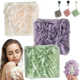 Juego de 3 Esponjas de Baño， Esponja para baño suave，Esponja de Baño Cuadrada 2 en 1， Exfoliación Suave, Limpieza profunda，Adecuado para Hombres y Mujeres Bañarse y Ducha (Verde + Rosa + Caqui) (Beige + Verde + Morado)