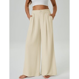 JEKAOYI Womens Casual Linen High Waist Wide Leg Pants Palazzo Boho Flowy Beach Vacation Lounge Trousers with Pockets Beige