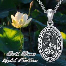 MEIDERBO July Birth Flower Photo Locket Necklace 925 Sterling Silver 12 Month Locket Necklace with Picture Birth Flower Photo Jewelry Gifts for Women Mother Mom Daughter