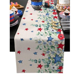 4th of July Table Runner Blue Red Stars Patriotic Memorial Day Table Runners Vintage Eucalyptus Leaves Floral Independence Day Kitchen Dining Table Decor for Indoor Outdoor Home Party 13x72 inch