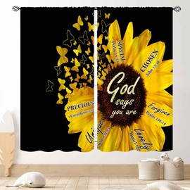 TKUYO Sunflower Curtains, Rustic Black Yellow Flower Counrtry Farmhouse Style Positive Quote Sunflower Printed Window Drape Treatments for Kitchen Bedroom Living Room 2 Panels, 42"x63" Inch