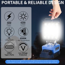 Fiihio Portable LED Work Light Compatible with Kobalt 24V Battery, 48W 4200LM Cordless Flood Lights with USB & Type-C Port, Low Voltage Protection, for Camping .Job Site Lighting, 4 in (No Battery)