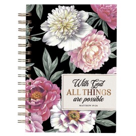 Christian Art Gifts Black Journal w/Scripture Floral All Things Large Bible Verse Notebook, 192 Ruled Pages, Matt. 19:26 Bible Verse