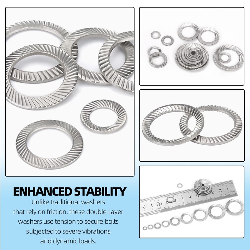 Glarks 160pcs M3/4/5/6/8/10/12/14/16 Double Side Lock Washer, 304 Stainless Steel