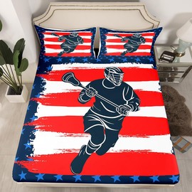 Lacrosse Fitted Sheet Sports Games Bedding Sheet for Boys Girls Children Hockey Player Bed Sheet Set Puck Hockey Blue Red White Star Room Decor Winter Sports Twin Size 2Pcs