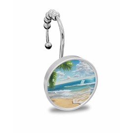 Beach Shower Curtain Hooks, Summer Tropical Plants Palm Tree 12PCS Shower Curtain Hooks Rings for Bathroom Stainless Steel Rust Shower Curtain Hangers