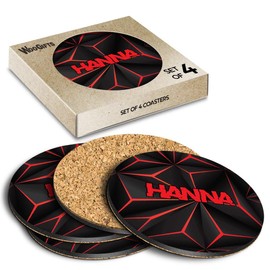 4 x Boxed Round Coasters - Name Hanna Gamer Black Red Video Game Letter Lettering Initial Cork Backed MDF Glossy Tea Coffee Accessory #274151