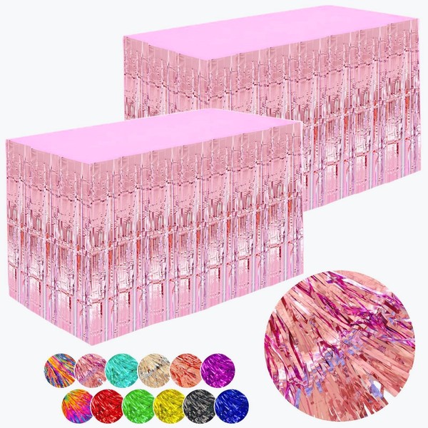 2 Packs Pink Metallic Foil Fringe Tinsel Table Skirts for