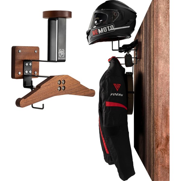 OneTigris Motorcycle Helmet Holder Wall Mount, Tactical Gear Holder with Helmet Stand and Plate Carrier Hanger, Solid Wood Wall Rack Organizer & Display for Police, Football, Cycling Gear