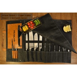 WELKINLAND 14-Pockets Knife Roll, Waxed Canvas Leather Knife Roll, Knifes bag holders, Chef Knife Roll Bag, Chef knife roll, Knife Roll Bag for Pocket Knives