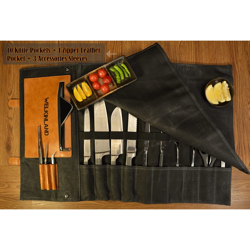 WELKINLAND 14-Pockets Knife Roll, Waxed Canvas Leather Knife Roll, Knifes