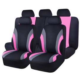 CAR PASS Line Rider Sporty Cloth 11PCS Universal Fit Car Seat Cover -100% Breathable with 5mm Composite Sponge Inside,Airbag Compatible,3zipper Bench(Full Set, Black and Pink)