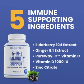 Senzu Elderberry, Vitamin C, Zinc, Vitamin D 1000 IU & Ginger - Antioxidant & Immune Support Supplement - 5 in 1 Daily Immune Support for Adults - Made in Canada