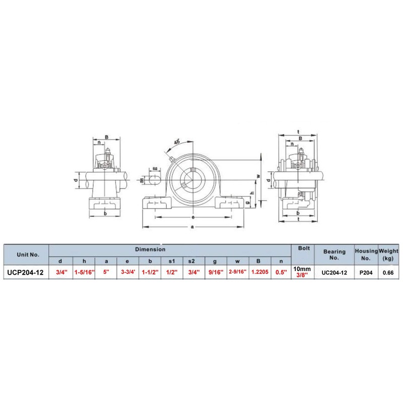 PGN - UCP204-12 Pillow Block Mounted Ball Bearing - 3/4"