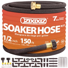 Zixixiz 150FT 1/2-Inch Soaker Hose, Flexible with Solid Brass Connector, Leak-Resistant Watering System for Gardens & Vegetable Beds