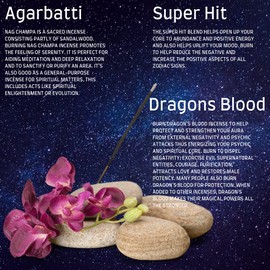 Satya Nag Champa Incense Sticks - 6 unique and premium flavours - Nag Champa Agarbatti, Super Hit, Dragons Blood, Palo Santo, Sandalwood, Positive Vibes and comes with SAMASIA incense holder