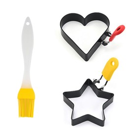 Egg Ring Pack of 2 Stainless Steel Egg Rings Star and Heart Shapes with Anti-Scald Folding Handle with an Oil Brush Non Stick Coating Suitable for Egg Frying Shaping Pancakes Mini Burgers
