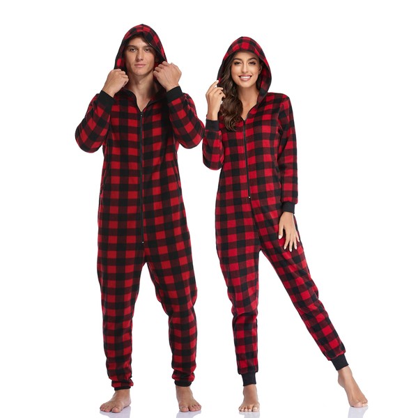 COLORFULLEAF Couples Matching Christmas Pajamas Hoodie Plaid Fleece Onesie Full Zipper Jumpsuits with Pocket(Womens, M)