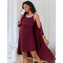 Ekouaer Women Lace Maternity Nursing Gown and 3/4 Sleeve Robe Set Double Layer Breastfeeding Nightgown Slip Dress & Bathrobe Dark Red S