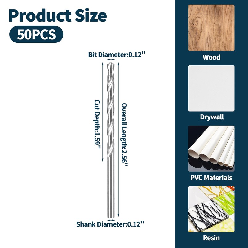 50 PCS 1/8 Inch Drywall Bit, Spiral Saw Tip Cutting
