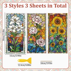WANDIC 3 Sheets Transfer Stickers, Colorful Glass Floral Pattern DIY Stickers Waterproof Furniture Decorative Stickers for Closet, 15x30cm