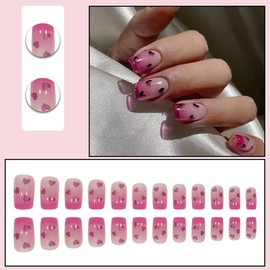 24Pcs Valentines Press on Nails Medium Square Fake Nails Pink French Tip Glue on Nails Cute Heart Acrylic Nails Gradient Pink Full Cover Stick on Nails Valentines Artificial False Nails for Women