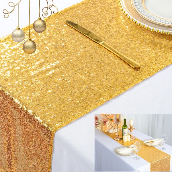 ShinyBeauty Gold Table Runner Sequin 12x90-Inch Christmas Table Runner in Gold Dining Table Runner 30x225cm Home Decor Party Table Runner for Christmas Halloween Event Decoration (12x90-Inch, Gold)