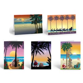 Stonehouse Collection Tropical Christmas Card Variety Pack - 15 Beach Cards & Envelopes - 5 Designs, 3 Cards Per Design (Palm Tree Beach)