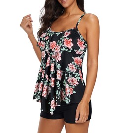 American Trends Two Piece Tankini Swimsuits for Women Tummy Control Bathing Suits Modest Swimwear Tankini Tops Black Flower L