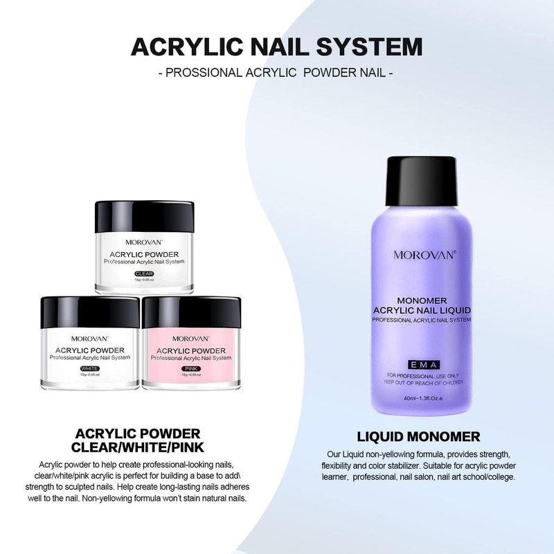 Morovan Acrylic Nail Kit: Clear Pink White Powder and Professional