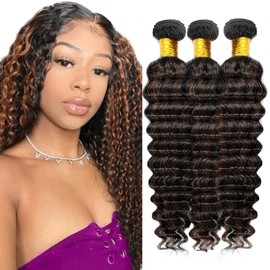 P1B30 Bundle Ombre Deep Curly Human Hair Bundles Two Tone Black Mixed With Light Brown 3 Bundles 18 20 22 Inch Fb30 Highlight Deep Wave Bundle 1B30 Remy Hair