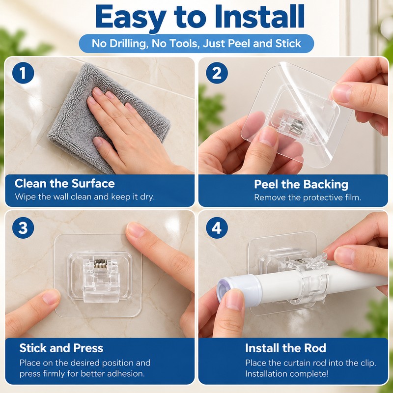 6 Pack Self Adhesive Curtain Rod Holder Hooks for Wall