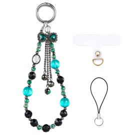 BEEFLYING Crystal Bead Phone Bracelet Strap, Cyan Black Cellphone Bow Charms Wristlet Lanyard for Women, Kawaii Charm Pendant Wrist Strap for Camera Bag