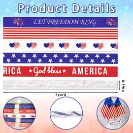 Hying 6 PCS 4th of July Patriotic Ribbons, 3/8" Width Grosgrain Ribbons American Stripes Stars Ribbon Memorial Day Decoration Craft Ribbons for Gift Wrapping Supplies