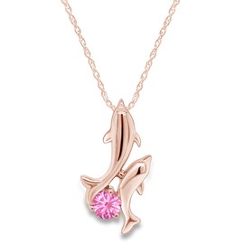 AFFY Round Cut Simulated Tourmaline Playing Dolphins Pendant Necklace in 14k Rose Gold Over Sterling Silver