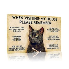 Funny Black Cat Rules Metal Sign 8"x12",When Visiting My House Please Remember,Home Decor for Cat Lover, Retro Room Decor Caution Sign
