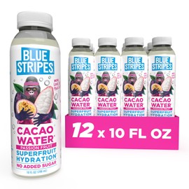 Blue Stripes Cacao Water (Passion Fruit) - All-Natural, No Sugar Added, Superfruit Hydration - Electrolytes & Antioxidants | Vitamin C & B | No Artificial Ingredients | (12 Pack)