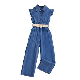 Asbabiy Girls' Casual Denim Overall Jumpsuits Ruffle Sleeveless Collared Neck One Piece Rompers with Belt 7-8 Years
