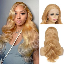 Fugool Honey Blonde Lace Front Wig 13x6 HD Lace Front Wigs Human Hair Pre Plucked 27# Blonde Body Wave Lace Wig 180 Density Colored Glueless Frontal Wigs For Black Women Human Hair 13x6 22 Inch