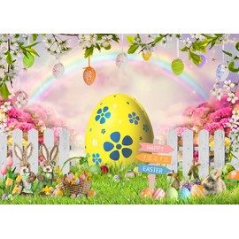 LYCGS 10x8ft Happy Easter Backdrop Easter Colorful Eggs Rabbit Flowers Grass Rainbow Photo Backdrop Kids Children's Easter Party Backdrop Easter Photography Background X-215