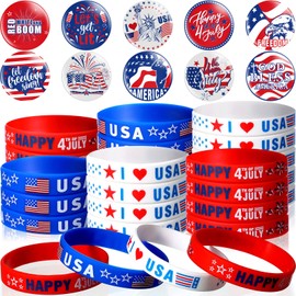 60 Pieces 4th/Fourth of July Party Favors Included 30 Red White Blue Silicone Bracelet USA Flag Rubber Wristband and 30 Button Badges Pins for Independence Day Patriotic Decor School Supplies Gifts