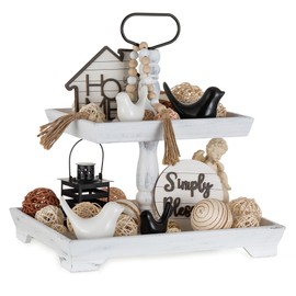 Hanobe Tiered Tray for Table Decor: 2 Tier Serving Stand White Farmhouse Decorative Tray for Coffee Bar Centerpiece Rectangle Wood Display Stands Kitchen Counter