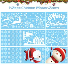 DOJoykey 197pcs Christmas Window Cling Stickers, 9 Sheets Double Sided Santa Claus Elk Merry Christmas Clings for Window Decoration