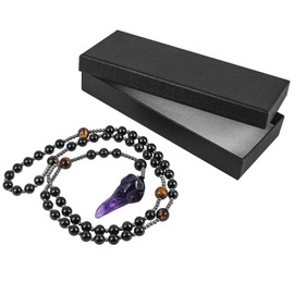 Nupuyai Amethyst Crow Skull Pendant Catholic Rosary Necklace, Natural Carved Stone Pendant Obsidian Tiger's Eye Hematite Stone Crystal Beads Necklace for Men 72cm