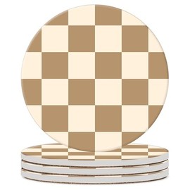 Coffee Checkered Drink Absorbent Coaster,Cool Deisgn Ceramic Drink Coaster with Cork Base,Housewarming Gifts,Tabletop Protection Suitable for Kinds of Cups(Pack of 4)