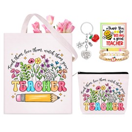 WINOWIMO Teacher Appreciation Gifts for Women, Thank You Graduation End of Year Gifts with Teacher Canvas Tote Bag, Makeup Bag, Cute Keychain, Teach Bracelets and Thank You Card