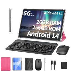 PYNAREL Android Tablet with Keyboard, 26GB RAM, 256GB ROM(1TB Expand), 10.1 inch Android 14 Tablet, 8000mAh Battery, BT 5.0, GMS Certified, 2.4G&5G WiFi, 2 in 1 Tablets with Mouse, Case, Stylus(Pink)